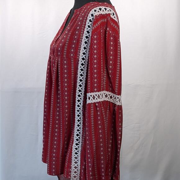 Boho Red Peasant Blouse XXL Tribal Print White Lace V-Neck Long Sleeve Top - Picture 6 of 12